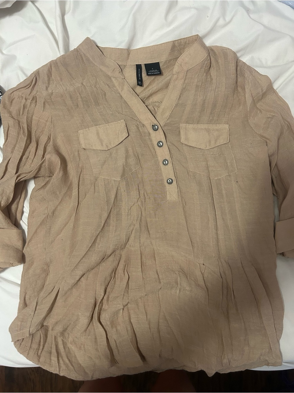 new directions Tan Button-Front Casual Henley Shirt
